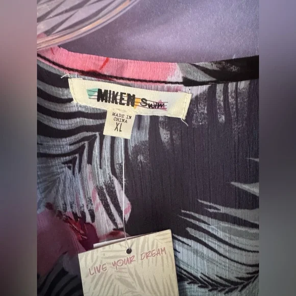 Miken Black and Pink Sheer Open Front cinch tie waist Swim Cover-Up Size XL - Picture 3 of 12